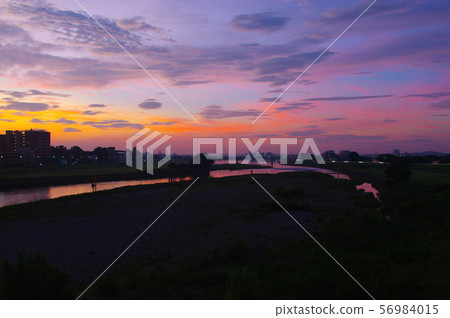 從調布市和稻城市的玉川大橋的日出 56984015