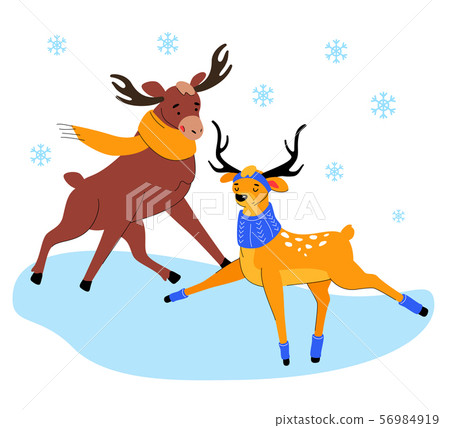 Cute elk and deer on ice - flat design style illustration Cute elk and deer on ice - flat design style illustration 56984919