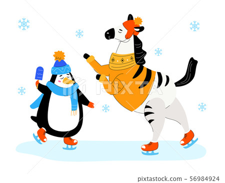 Zebra and penguin skating - flat design style illustration 56984924