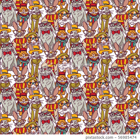 Fashion hipster rabbits big group seamless pattern Fashion hipster rabbits big group seamless pattern 56985474