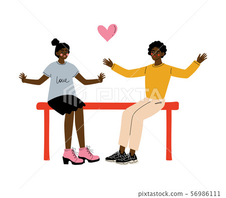 Romantic African American Couple Sitting on Bench, First Dating Concept Vector Illustration 56986111