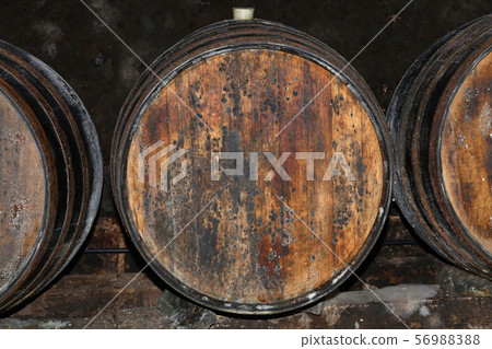 Rows of oak wood wine barrels in winery cellar Rows of oak wood wine barrels in winery cellar 56988388