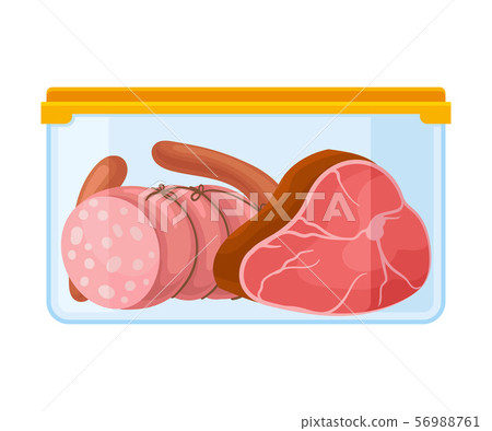 ontainer with sausages under a yellow lid. Vector illustration on a white background. 56988761