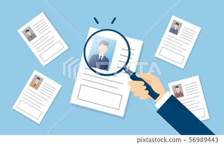 Magnifying glass and resume, illustration image of recruitment and personnel, vector illustration 56989443