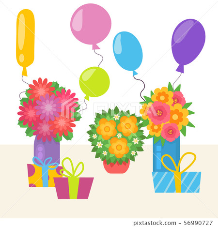 Birthday party with flower bouquets, gifts and ballons vector illustration. Color glossy balloons Birthday party with flower bouquets, gifts and ballons vector illustration. Color glossy balloons 56990727