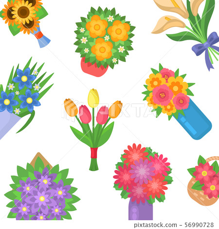 Beautiful bouquet of spring flowers bouquets vector pattern illustration. Cartoon multicolored 56990728