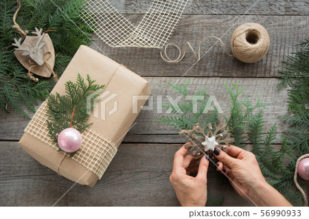 Christmas holiday. Still life of giftbox, decor. Christmas holiday. Still life of giftbox, decor. 56990933