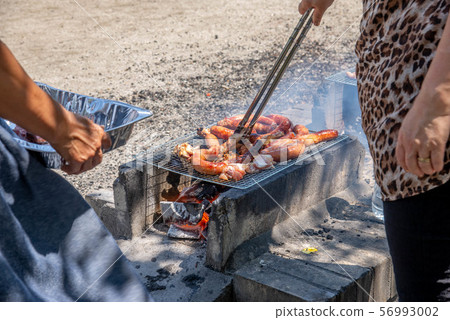 在公園裡用香腸做肉 56993002