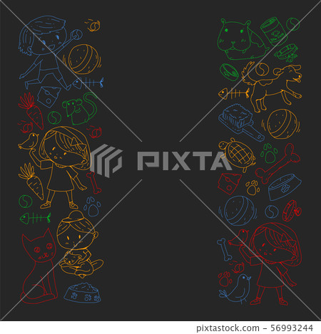 Pet shop. Vector illustration with animals, dog, cat, fish, Colorful background with kitten, bird 56993244