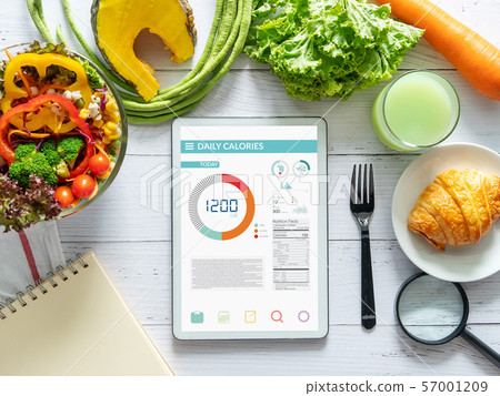 Calories counting , diet , food control and weight loss concept. tablet with Calorie counter application on screen at dining table with salad, fruit juice, bread and vegetable Calories counting , diet , food control and weight loss concept. tablet with Calorie counter application on screen at dining table with salad, fruit juice, bread and vegetable 57001209