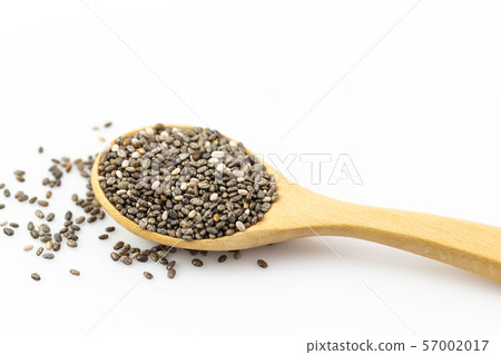 chia seeds in wooden spoon Isolated on white 57002017