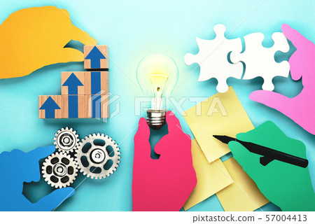 Image of business teamwork and innovation. Each of the five colored hand silhouettes is a light bulb, puzzle, Image of business teamwork and innovation. Each of the five colored hand silhouettes is a light bulb, puzzle, 57004413