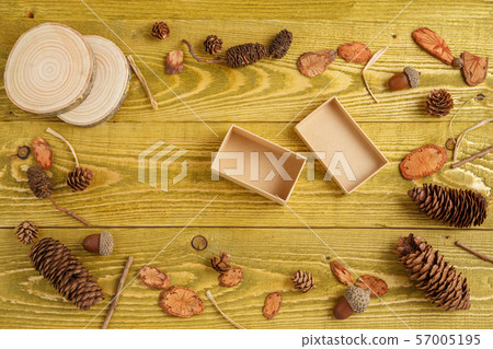 autumn background. flat lay. wood, cones, acorns autumn background. flat lay. wood, cones, acorns 57005195