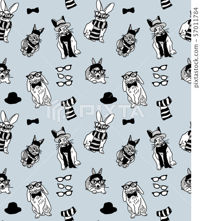 Fashion hipster rabbits cute pets grayscale seamless pattern 57011784