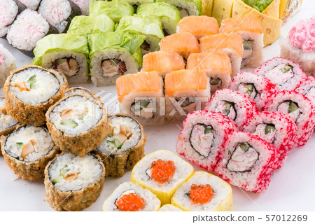 Japanese food restaurant, sushi maki gunkan roll plate or platter set. Sushi set and composition 57012269