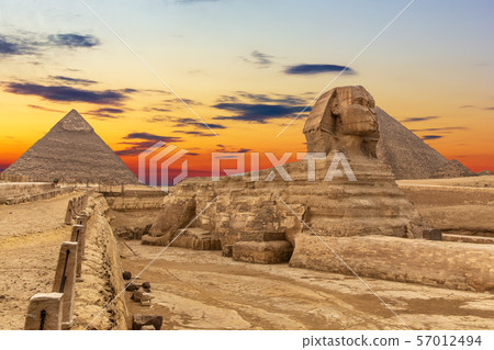 The Sphinx and the Pyramids at sunset, beautiful 57012494