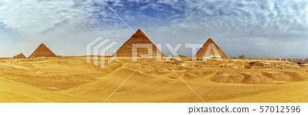 Panorama of the Giza Pyramids in the desert, Egypt Panorama of the Giza Pyramids in the desert, Egypt 57012596