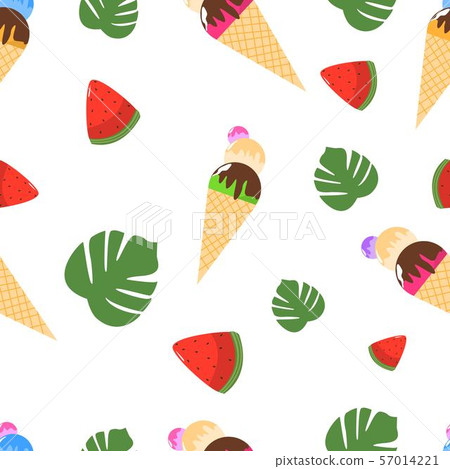 Seamless Pattern of Ice Cream Watermelon and Palm - Stock Illustration ...