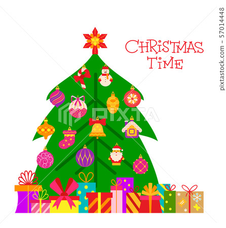 Christmas greeting card tree gift text flat vector - Stock Illustration ...