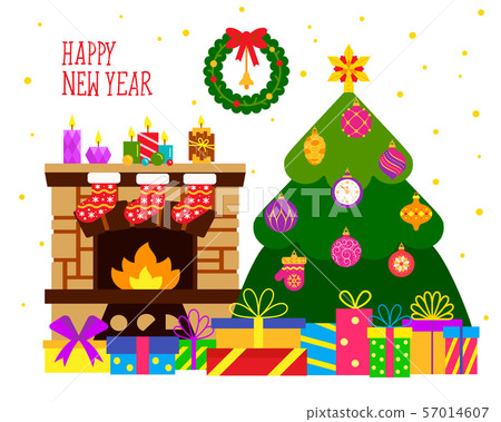 Christmas greeting card tree gift text flat vector - Stock Illustration ...