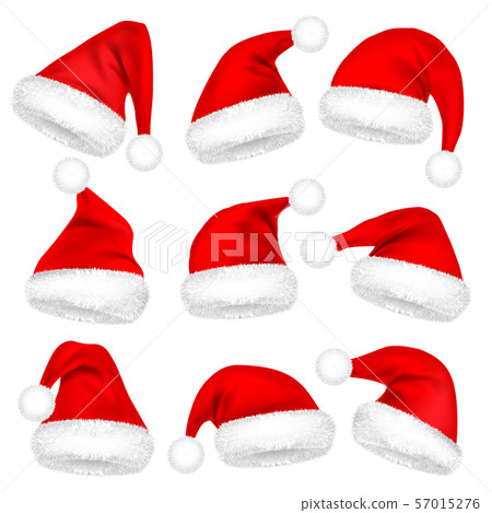 Christmas Santa Claus Hats With Fur Set. New Year Red Hat Isolated on White Background. Winter Cap 57015276