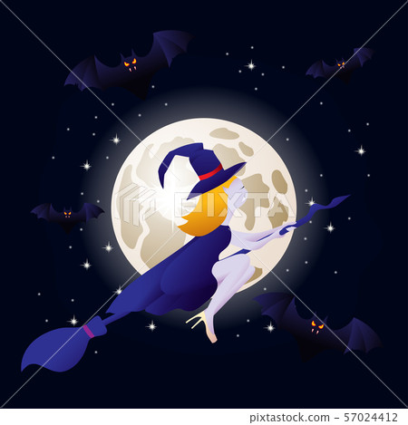 witch vampire flying on a broomstick and bats on - Stock Illustration ...