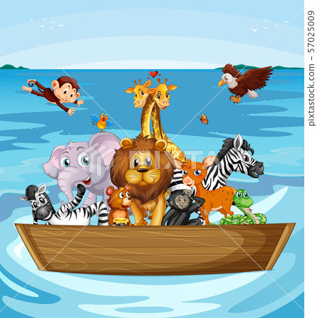 Many cute animals rowing boat - Stock Illustration [57025009] - PIXTA