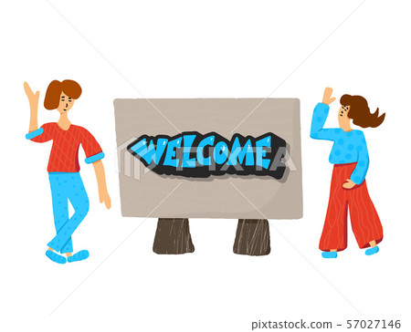 Tablet with welcome phrase and two girls. 57027146