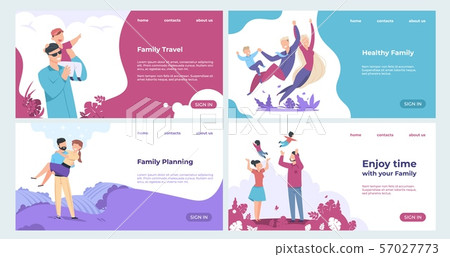 Family landing page. Insurance and family safety web page with cartoon characters, parents and Family landing page. Insurance and family safety web page with cartoon characters, parents and 57027773