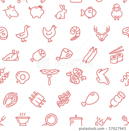 Meat Butchery Thin Line Signs Seamless Pattern Background on a White. Vector Meat Butchery Thin Line Signs Seamless Pattern Background on a White. Vector 57027943
