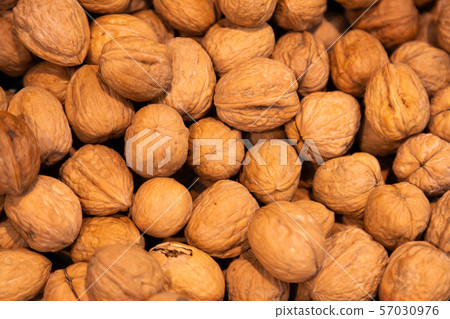 Delicious walnuts in shells, healthy fats, vitamins. May be used as abstract background. 57030976