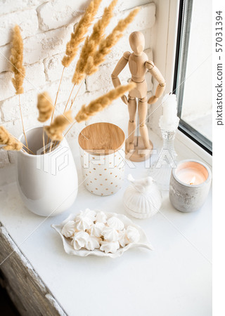 White real home decor, ceramic interior details with vases and candles White real home decor, ceramic interior details with vases and candles 57031394