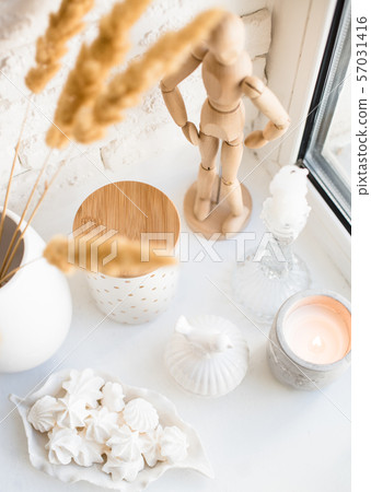 White real home decor, ceramic interior details with vases and candles White real home decor, ceramic interior details with vases and candles 57031416