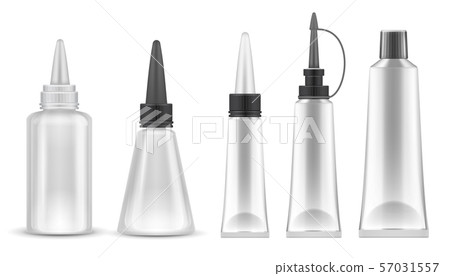 Glue packing. Realistic tubes and bottles for adhesive, tooth paste and cosmetic products. Isolated 57031557