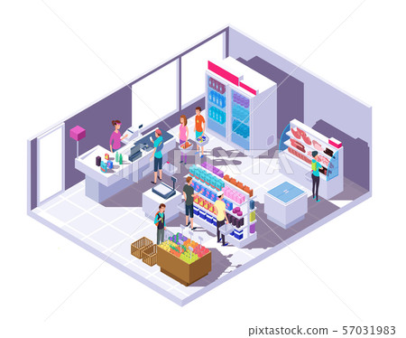 Isometric grocery store interior. Supermarket interior with shopping people and food on shelves and Isometric grocery store interior. Supermarket interior with shopping people and food on shelves and 57031983