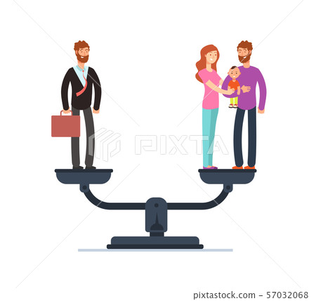 Businessman and happy family with kids on scales. Work and life balance business vector concept Businessman and happy family with kids on scales. Work and life balance business vector concept 57032068