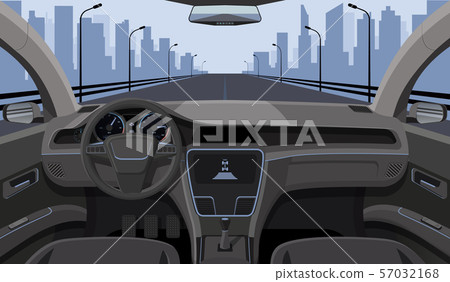 Inside car driver view with rudder, dashboard front panel and highway in windshield cartoon highway 57032168