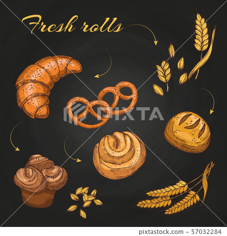 Rolls and buns on blackboard. Chalkboard bakery cafe menu vector template 57032284