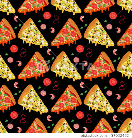 Cartoon pizza slices and ingredients seamless pattern 57032462