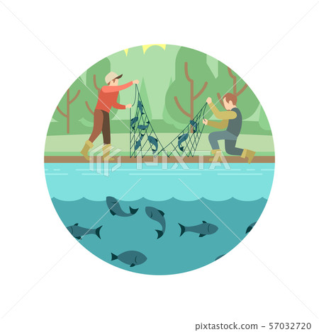 Fishing men with fish and equipment vector emblem 57032720