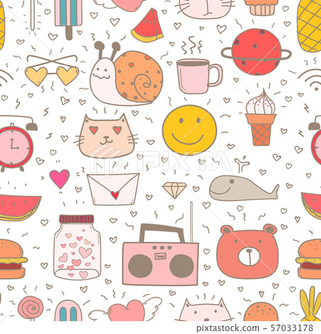 Doodle Cartoon Seamless Pattern Background For Kid. Vector illustration for fabric and gift wrap paper design. Doodle Cartoon Seamless Pattern Background For Kid. Vector illustration for fabric and gift wrap paper design. 57033178
