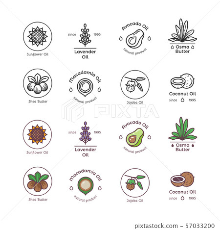 Skincare and beauty organic cosmetics oil vector line and colorful emblems and logos 57033200