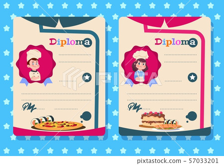 Cooking class diploma. Young girl and boy cook kid with apron, kitchen class vector certificate 57033201