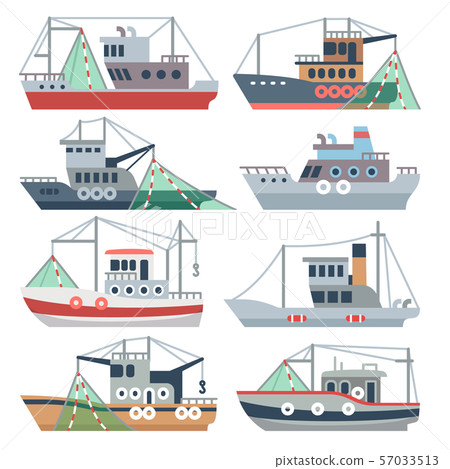 Fishing ocean boats. Commercial fisherman ships isolated vector set 57033513