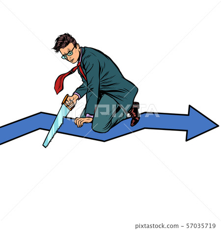 businessman sawing curve graph. self-destruction stupidity and bankruptcy. incompetence 57035719