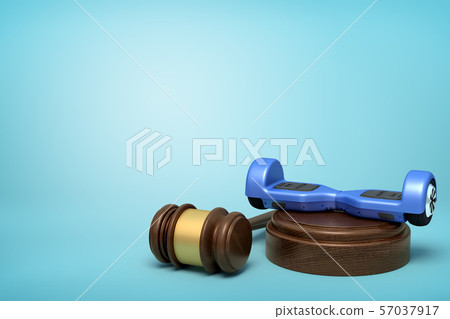 3d rendering of blue hoverboard on round wooden block and brown wooden gavel on blue background 57037917