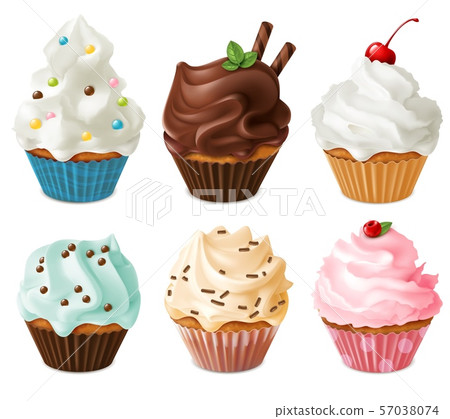 Realistic cupcakes. Sweet creamy desserts muffins with cherry and chocolate, delicious confectionery Realistic cupcakes. Sweet creamy desserts muffins with cherry and chocolate, delicious confectionery 57038074