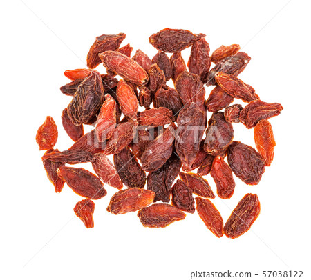 top view of pile of dried goji berries isolated 57038122