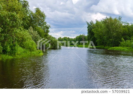 summer landscape of a calm oxbow lake with wooded summer landscape of a calm oxbow lake with wooded 57039921