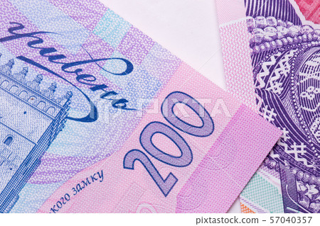 Ukrainian money. Hryvnia paper bill. Background texture. Macro, close-up. 57040357